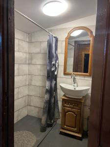 a bathroom with a sink and a shower curtain at Pas Šerną in Macionys +54 photos
