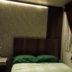 a bed with a brown headboard and two green pillows at Arequipa- LaPampilla in La Pampilla