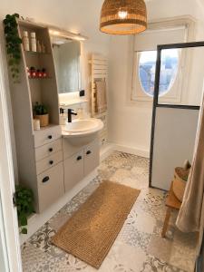 a bathroom with a sink and a mirror at Le Lierre et La Rose in LʼAigle +10 photos