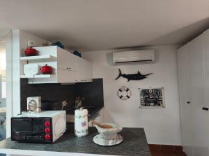 a kitchen with a counter top with a microwave at Casetta Mami in Camogli +16 photos