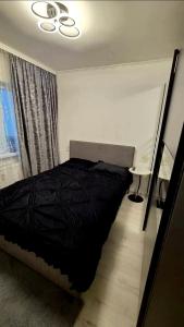 a bedroom with a black bed and a window at Dory Studio in Drobeta-Turnu Severin