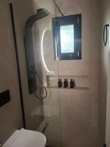 a bathroom with a shower with a toilet and a window at Minimal Nature Escape in Ioannina +10 photos