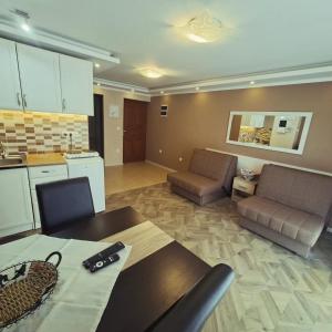 a kitchen and a living room with a table and chairs at Apartman Bogić in Golubac
