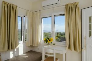 a room with windows and a table with a vase of flowers at Dialinas Apartments in Istro