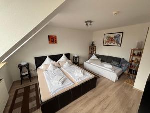a living room with a bed and a couch at Bright studio-flat near station - Bayreuth in Bayreuth