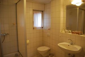 uma casa de banho com um WC, um lavatório e um espelho. em Gasthaus zum Löwen - Restaurant Akropolis em Hausach