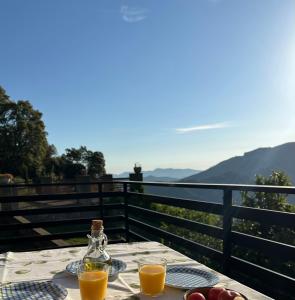 a table with a glass bottle of orange juice and fruit at Mas Eucaliptus in Susqueda