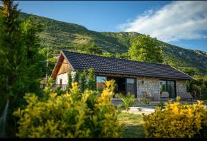 a stone house with a mountain in the background at The Stonehouse in Ulcinj