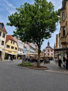 a tree in the middle of a city street at Ferienwohnung Rehn 2 in Bad Kissingen