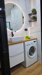 a bathroom with a washing machine and a mirror at Anpol 1 idealny dla jednej osoby in Inowrocław