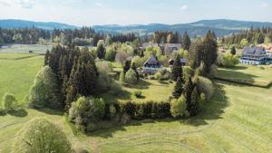 an aerial view of a house in a field with trees at Villa Stradivari - Black Forest with Alpine views in Lenzkirch