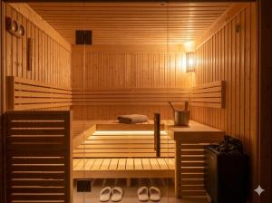 a room with a sauna with a bed in it at Residence Marianka in Albrechtice v Jizerských horách