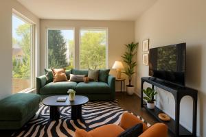 a living room with a green couch and a tv at The Manor - Chevy Chase in Chevy Chase +72 photos