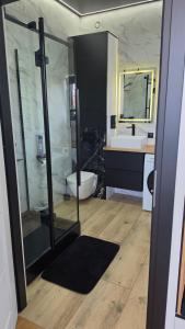 ein Badezimmer mit Glasdusche und Waschbecken in der Unterkunft ANPOL komfort in Inowrocław