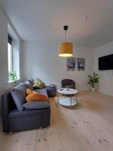 a living room with a couch and a table at Charming 2 bedroom apartment free parking in Hjørring +14 photos