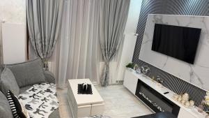 a living room with a couch and a tv at Apartment Zona 0 Tulcea in Tulcea