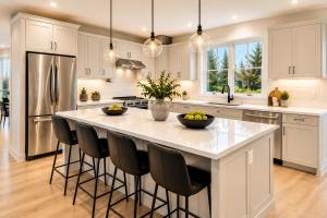 a kitchen with a large island with black bar stools at Collin Creek Executive Residences in Plano