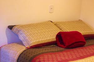 a bedroom with two beds and a red pillow at Chalé Cabana Rústico refúgio e sossego há 1,5km do centro de Domingos Martins in Domingos Martins