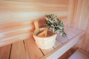 a small plant in a bucket in a sauna at Hakuba Bubu Chalet by Jade Villa in Hakuba