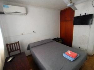 a small bedroom with a bed and a chair at Hospedaje Alicia in Barraquero