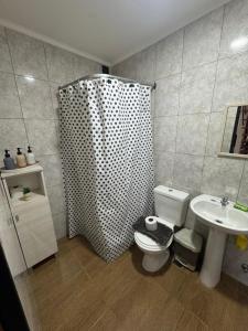 a bathroom with a toilet and a sink at Las raíces departamentos in Ushuaia +29 photos