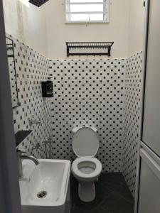 a bathroom with a white toilet and a sink at Asyhani Cottage in Bachok