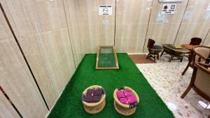 two baseball mitts on a green floor in a room at Spago Inn-Only for Families & Couples not for Bachelors in Mahabalipuram