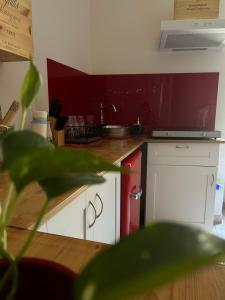 a kitchen with white cabinets and a red wall at Casa Rossa in Ferentillo