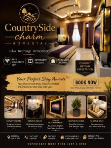 a catalogue of a hotel room with a bed and a poster at Countrysidecharm in Gwalior