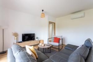 a living room with a couch and a tv at Gite Goxa Leku in Ossès