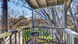 a porch with a fire pit and trees at Snowgums 10 in Dinner Plain +9 photos