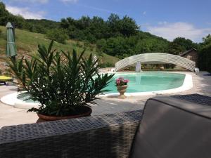 a swimming pool with a bridge and some plants at Maison d'hotes Dolce Vita in Veyssilieu