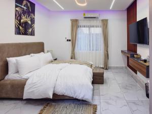 a bedroom with a bed and a tv and a couch at Horizon Apartment at THE HIDDEN DOMUS I Pool View in Accra