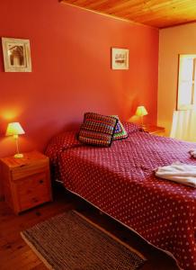 1 dormitorio con paredes rojas, 1 cama y 1 mesa en Copahue Hotel en Copahue