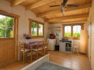 a kitchen with a table and chairs in a cabin at Die blaue Hütte - Tiny House am Elberadweg in Seestermühe