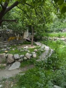 a garden with rocks and a tree and a walkway at Turtuk Stream Side Home Stay in Turtuk +13 photos