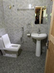 a bathroom with a white toilet and a sink at Turtuk Stream Side Home Stay in Turtuk