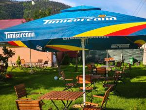 a large umbrella with chairs and tables in the grass at Bunătăți din Retezat in Nucşoara