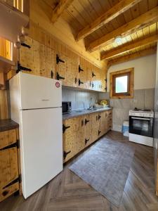 a white refrigerator in a kitchen with wooden ceilings at Vlasic Odmor - Villa Krajina V in Vlasic