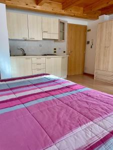 eine Küche mit einem großen lila Bett in einem Zimmer in der Unterkunft Alpina depandance in Castello Tesino