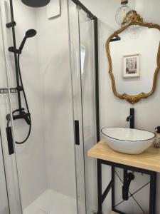a bathroom with a shower with a sink and a mirror at Słoneczne studio in Głuszyca +3 photos