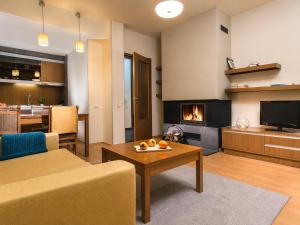a living room with a couch and a fireplace at Effect Malina Residence Hotel in Pamporovo