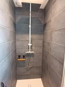 a bathroom with a shower with gray tiles at Comme à la maison ! in Matour +14 photos
