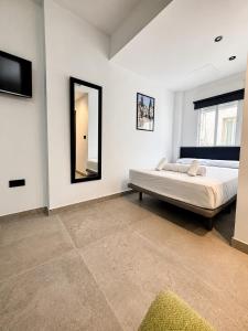 a bedroom with a large bed and a mirror at Penthouse San Isidro 3 suites Terraza Privada Parking in Granada