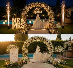 a wedding arch with a wedding cake and a wedding reception at Villa Ferrara, resort e Location per eventi in Coriano +101 photos