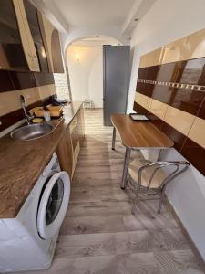 a kitchen with a washing machine and a sink at Cozy Râșnov in Râşnov