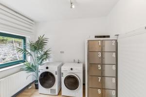 a laundry room with two washing machines and a plant at Jenapartments Pension - Studios mit Küche in Jena