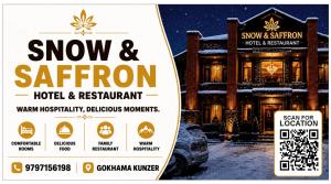 a sign for a snow and autumn hotel and restaurant at Snow and Saffron Hotel & Restaurant in Khor