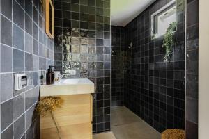 a bathroom with black tiled walls and a sink at Boshuis Luna | 4 persons in Gasselte +29 photos