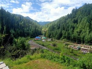 a view of a valley with a river and trees at Shikhar cottage in Jibhi